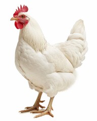 White Hen Isolated on White Background. Domestic Farm Animal Standing Proudly