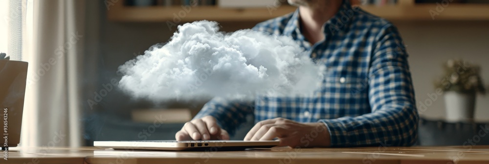 Poster man working on laptop with cloud above, concept of cloud computing and data storage.