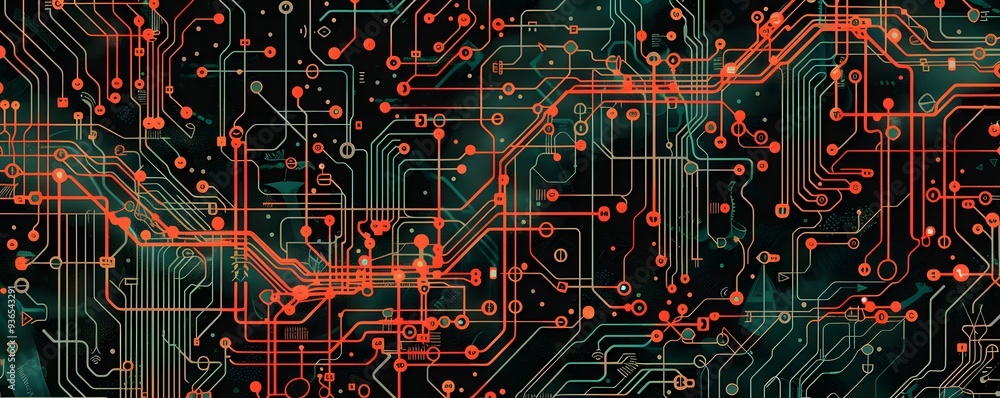 Poster abstract digital circuit board with red electrical pathways and green background, representing techn