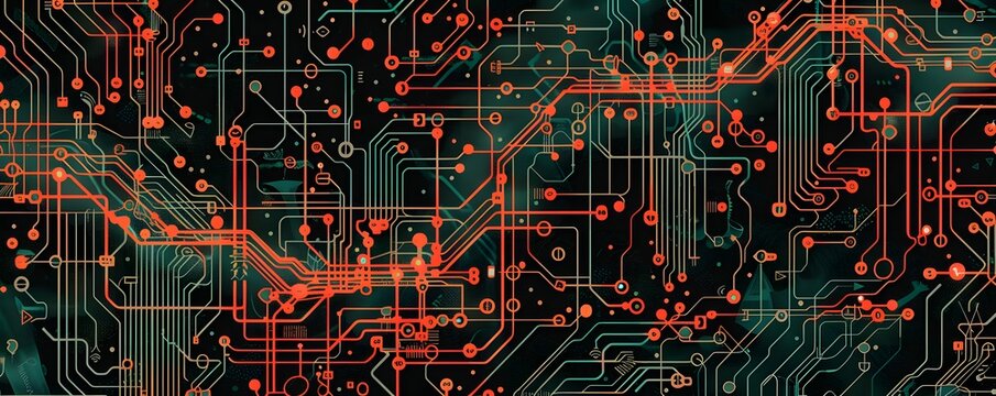 Abstract digital circuit board with red electrical pathways and green background, representing technology and computer science.