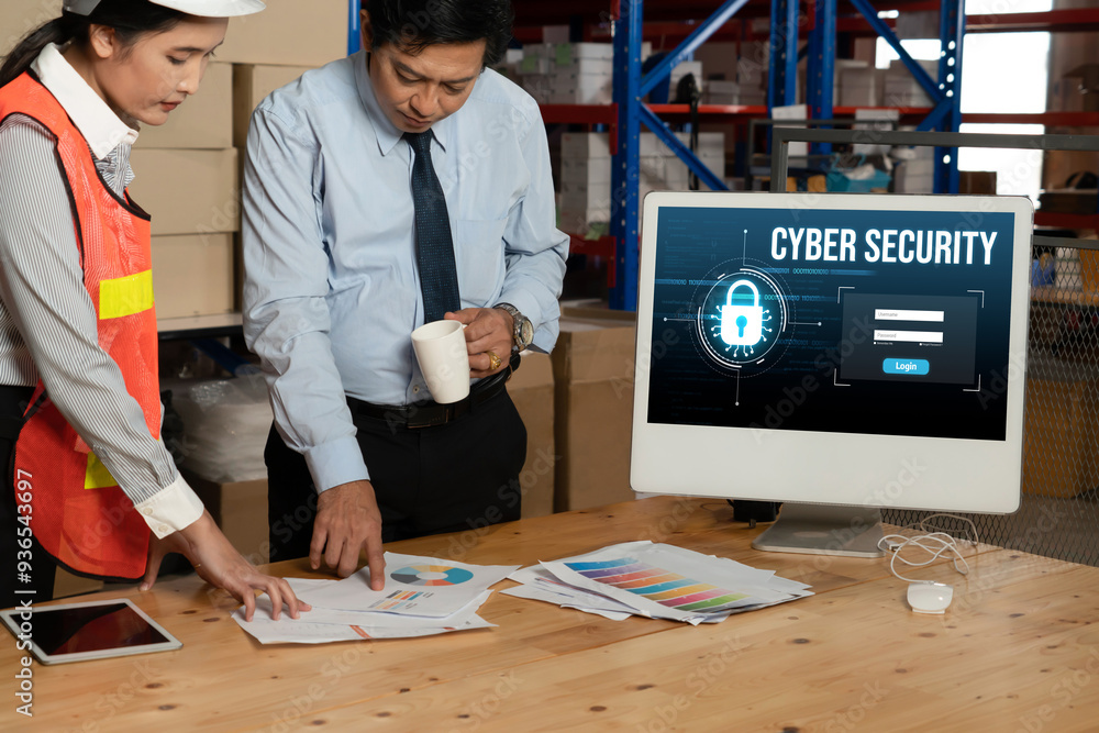 Poster cyber security system on computer screen protect private information snugly from hacker and cyber at
