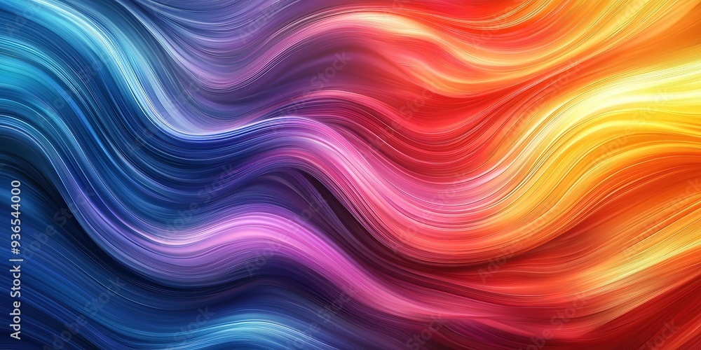 Poster vibrant waves of color sweep across the frame, blending from cool blues to warm reds and yellows in 