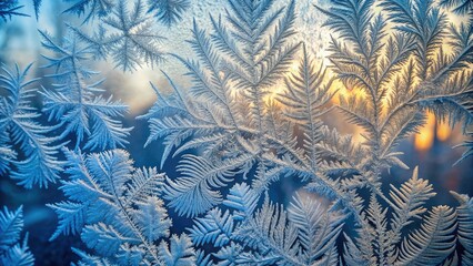 Icy frost patterns on a frozen glass windowpane create a mesmerizing abstract background with intricate details and a delicate, lace-like winter wonderland design.