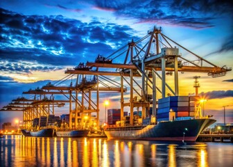 Obraz premium Illuminated cranes tower above docked vessels, efficiently unloading stacks of cargo containers under the night sky in a bustling industrial harbor scene.