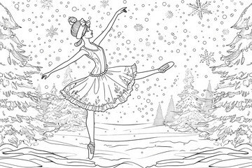 A graceful ballet dancer, depicted in a monochrome winter scene, twirls amidst falling snowflakes and evergreen trees.
