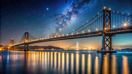 Illuminated suspension bridge spans San Francisco Bay, adorned with twinkling lights, against a dark blue starry night sky with cityscape in the distance.