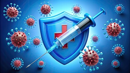 Illustrated blue syringe with a shield and red cross, surrounded by tiny viruses, highlighting the importance of vaccination against influenza.