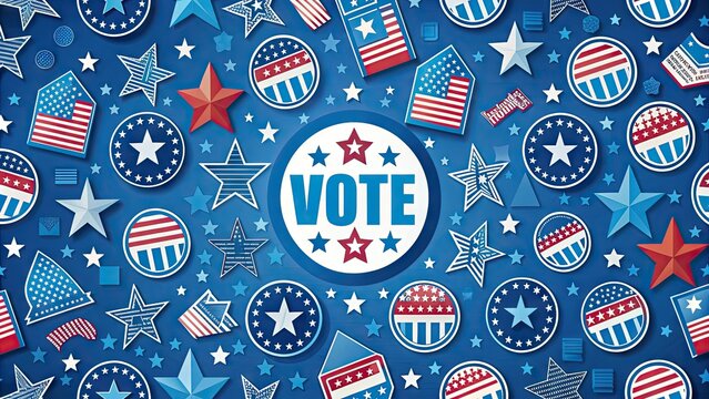 Illustrated blue and white stars and stripes pattern with bold vote icons and slogans on a gradient background promoting voting awareness and civic engagement.
