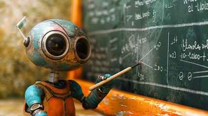 Cute robot is writing  on a blackboard