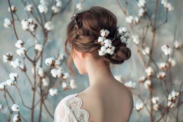 Naklejka premium Wedding Hair. Beautiful Bride with Cotton Flower Decorated Coiffure