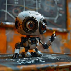 Cute robot is writing  on a chalkboard