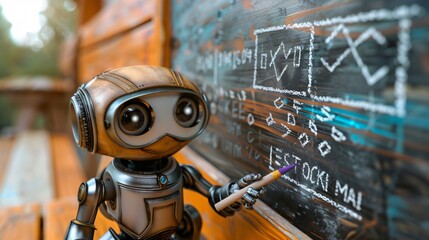 Fototapeta premium Cute robot writing on blackboard