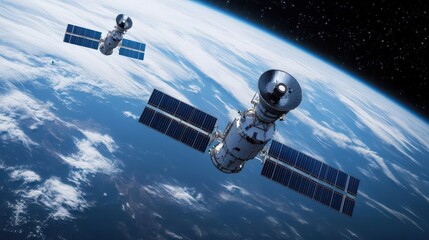 Space defense satellites in geostationary orbit, providing a shield against cosmic threats, Earth defense, space exploration, technological innovation