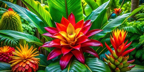 Fototapeta premium * Exotic flowers burst forth in a vibrant display of lush greenery and radiant colors, filling the air with a sweet, heady scent.