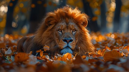 A majestic lion resting among colorful autumn leaves in a serene forest setting, capturing the beauty of wildlife and the changing seasons during a sunny afternoon