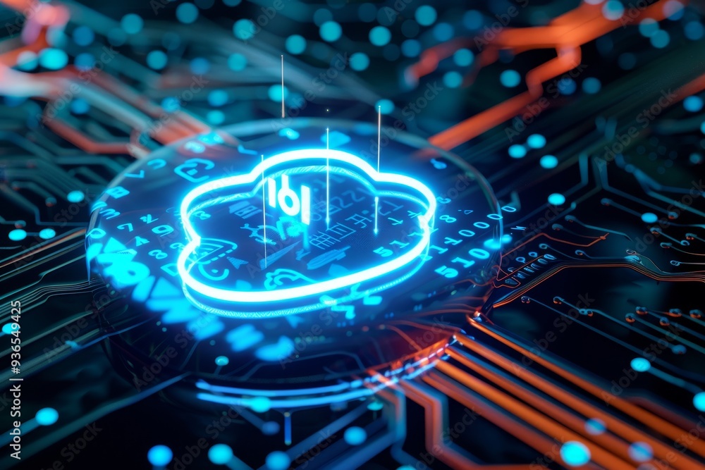 Aufkleber glowing cloud computing icon on futuristic circuit board, data security and innovation concept