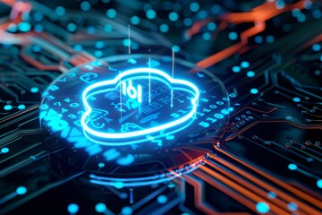 Fototapeta premium Glowing Cloud Computing Icon on Futuristic Circuit Board, Data Security and Innovation Concept