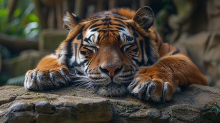 A resting tiger lounging on a rocky surface in a lush jungle habitat during the day, showcasing its striking orange and black fur along with peaceful demeanor