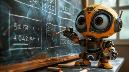 Cute robot writing on blackboard
