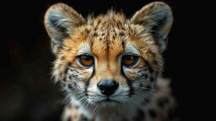 Obraz premium A close-up of a cheetah's face showcasing its striking features, large eyes, and distinctive fur pattern, captured in its natural habitat during the golden light of early morning