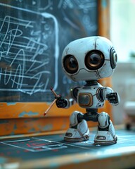 Fototapeta premium Cute robot writing on blackboard