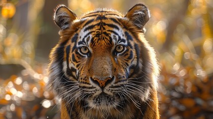 A majestic tiger calmly gazes at the viewer amidst a forest backdrop during the golden hour, highlighting its striking orange fur and intense eyes