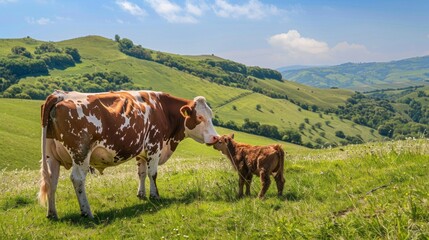 Naklejka premium In a tranquil meadow, a gentle cow nuzzles her playful calf, surrounded by rolling green hills and vibrant nature, capturing the essence of rural life