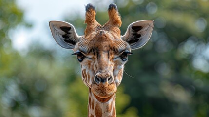 Obraz premium A close-up of a giraffe in a natural habitat enjoying the warm sunlight during the afternoon at a wildlife sanctuary, surrounded by lush greenery