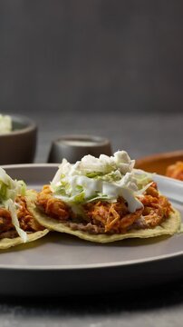 Vertical video, a young Mexican woman&rsquo;s hand spreads crumbled cheese on a tinga toast