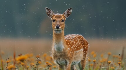 Fototapeta premium A young deer stands gracefully in a field adorned with wildflowers, showcasing delicate spots while light snow falls softly around it during a tranquil moment in nature