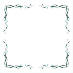 Green vegetal floral frame with leaves and blue flowers, decorative corners for greeting cards, banners, business cards, invitations, menus. Isolated vector illustration.	
