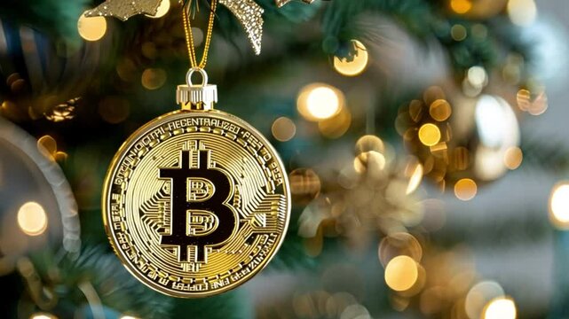 Bitcoin in Christmas tree. investing crypto concept. Christmas decorations, stars and balls on fir-tree and Physical metal bitcoin coin. Digital currency Christmas concept.