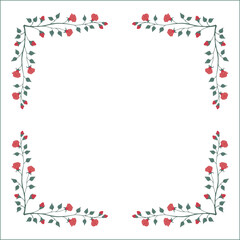 Green vegetal frame with red rose flowers, decorative corners for greeting cards, banners, business cards, invitations, menus. Isolated vector illustration.	
