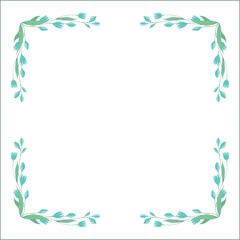 Green vegetal floral frame with leaves and blue flowers, decorative corners for greeting cards, banners, business cards, invitations, menus. Isolated vector illustration.	
