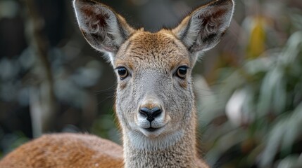 Fototapeta premium A close-up of a young deer gazing curiously in a forested area, showcasing its unique features while surrounded by lush greenery during a calm afternoon