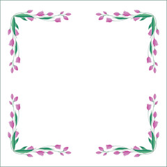 Green vegetal floral frame with leaves and pink flowers, decorative corners for greeting cards, banners, business cards, invitations, menus. Isolated vector illustration.	
