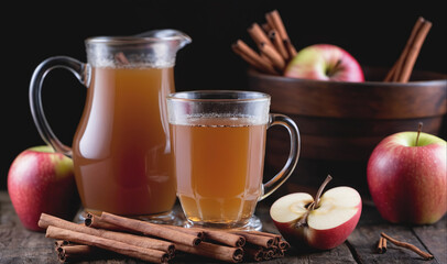A pitcher of apple cider and a mug of hot apple cider sit on a wooden table with cinnamon sticks, apples, and a bowl of cinnamon sticks in the background