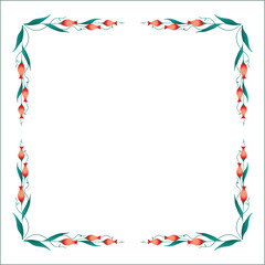 Green vegetal floral frame with leaves and red flowers, decorative corners for greeting cards, banners, business cards, invitations, menus. Isolated vector illustration.	
