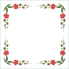 Green vegetal floral frame with leaves and red poppy flowers, decorative corners for greeting cards, banners, business cards, invitations, menus. Isolated vector illustration.	
