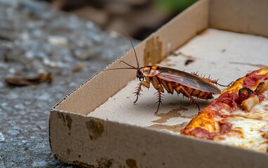 Obraz premium Cockroach on a discarded pizza box with leftovers Unhygienic Environment, Pest Infestation