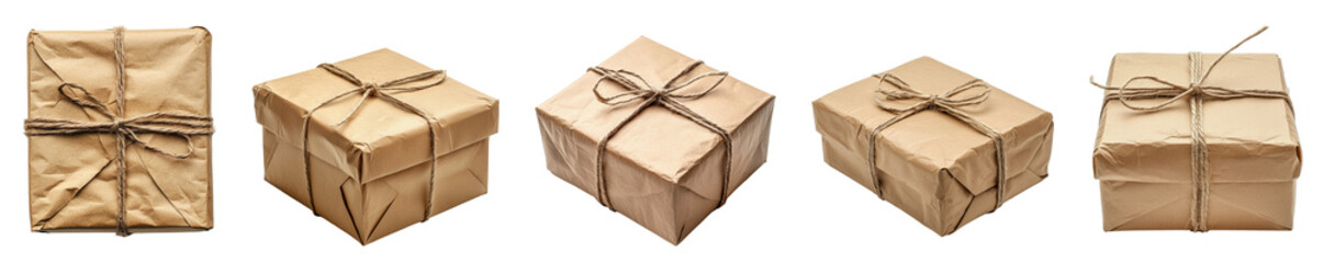 Obraz premium Rustic brown paper wrapped packages with twine ties collection on transparent background