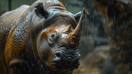 A close-up view of a rhinoceros in a natural habitat, showcasing its textured skin under light rain in a serene zoo environment during the early morning hours