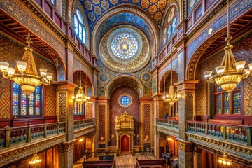 Intricately decorated Moorish Revival-style synagogue interior with ornate chandeliers, golden accents, and stained glass windows in historic Jewish quarter of Prague, Czech Republic.