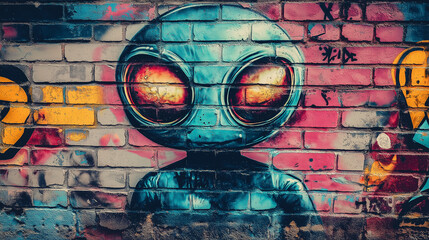 Obraz premium Pop art comic street graffiti with a retro alien in on a brick wall.