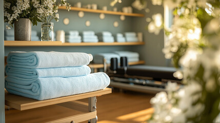 A serene home gym setup with a Pilates reformer and a shelf of neatly folded towels, exuding a calm and focused atmosphere, with copy space