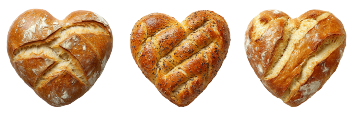 Artisan heart-shaped bread loaves with golden crust on transparent background