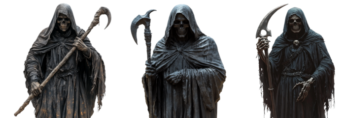 Grim reaper statues holding scythes with dark and menacing details transparent background