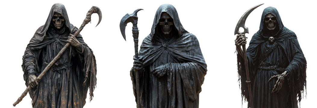 Grim reaper statues holding scythes with dark and menacing details transparent background