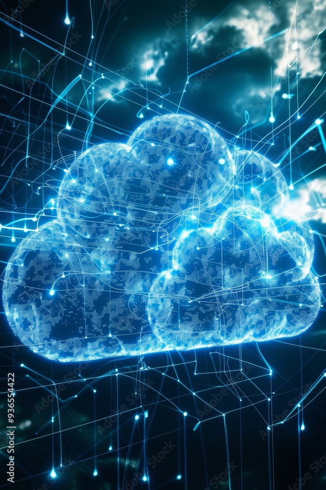 Poster futuristic cloud computing with global network connections a technology concept for the future.