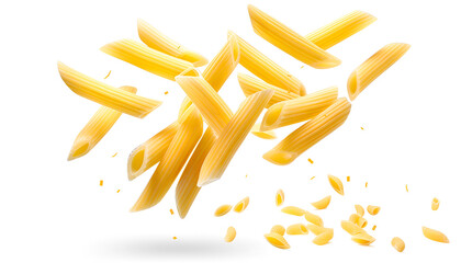 Falling italian penne rigate pasta isolated on white background with clipping path